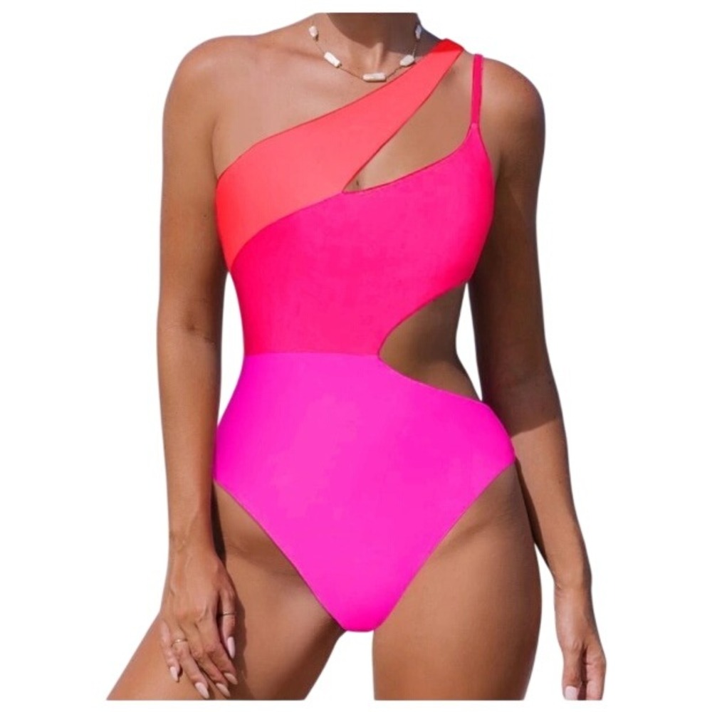 Popvil Womnens L Neon One Shoulder Color Block One Piece Swimsuit NWT